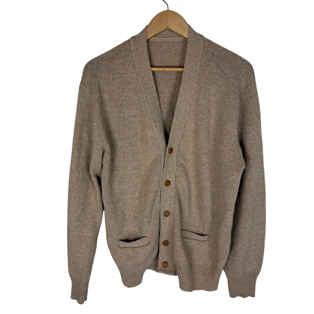 Vintage Mens Tan Cardigan Sweater V‎ Neck Button Front Pockets Knit Grandpa